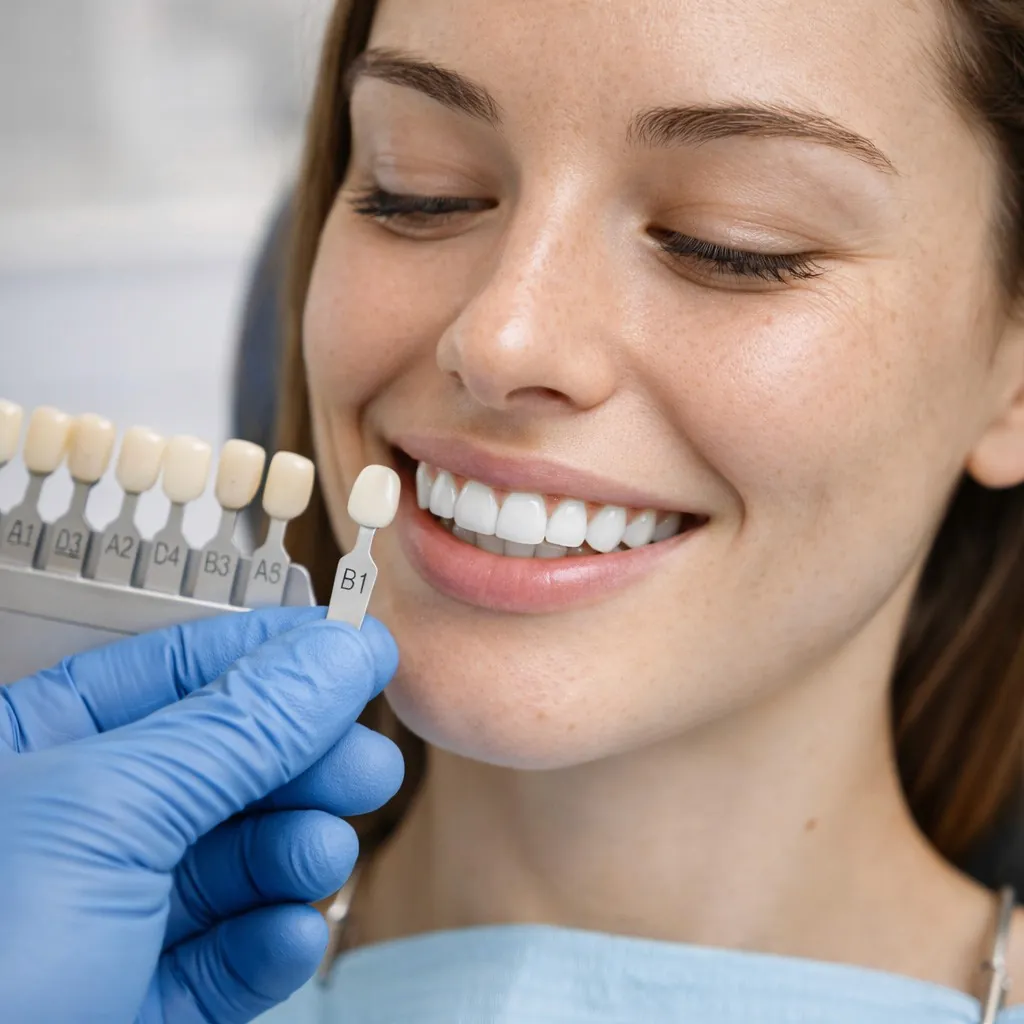 A dentist matching a woman’s tooth shade with a guide