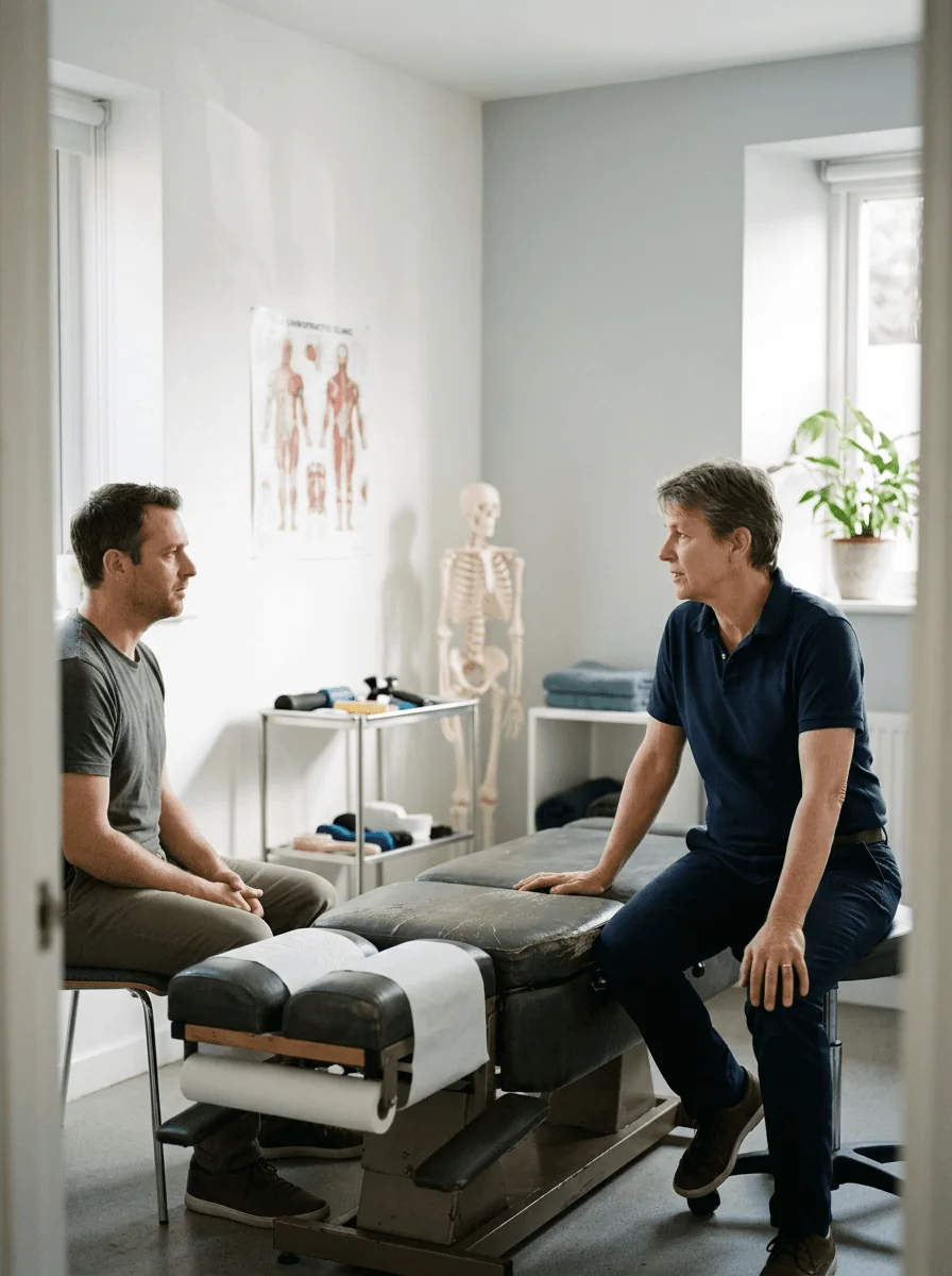 A chiropractor talking with a patient in a treatment room with a spine model