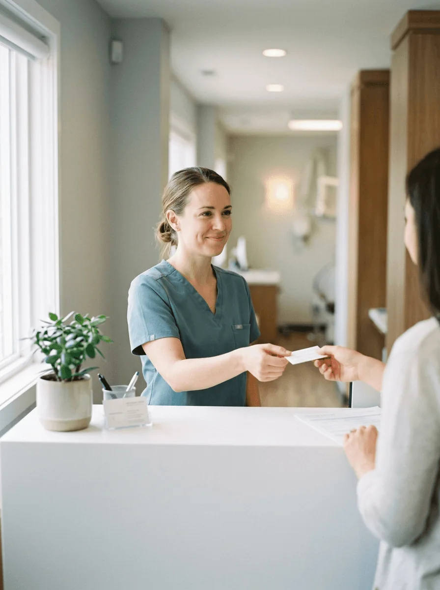 A smiling dental receptionist handing a card across the front desk