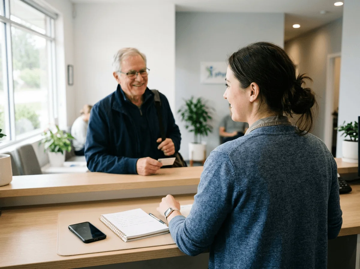 An older patient chatting with the receptionist at a clinic front desk, a phone on the counter