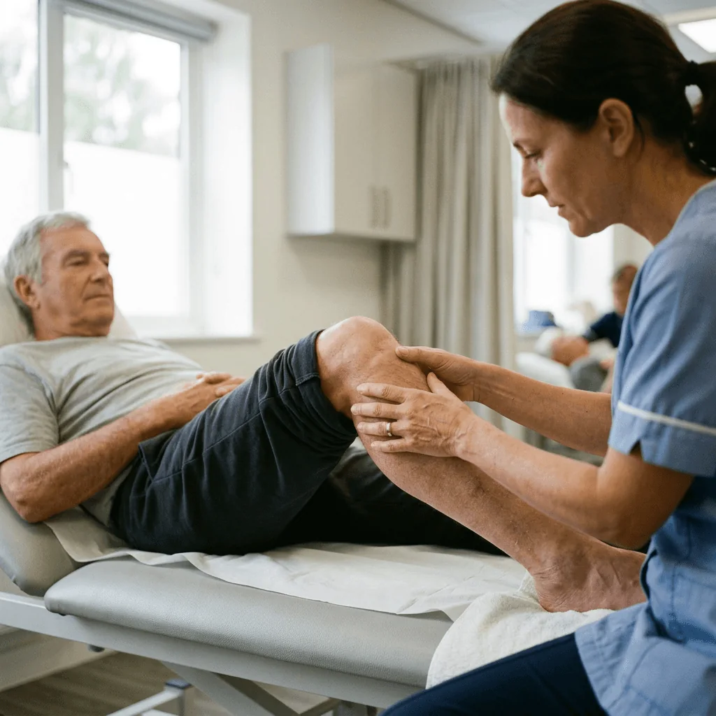 A physiotherapist supporting an older man’s knee as he rests on a treatment bed