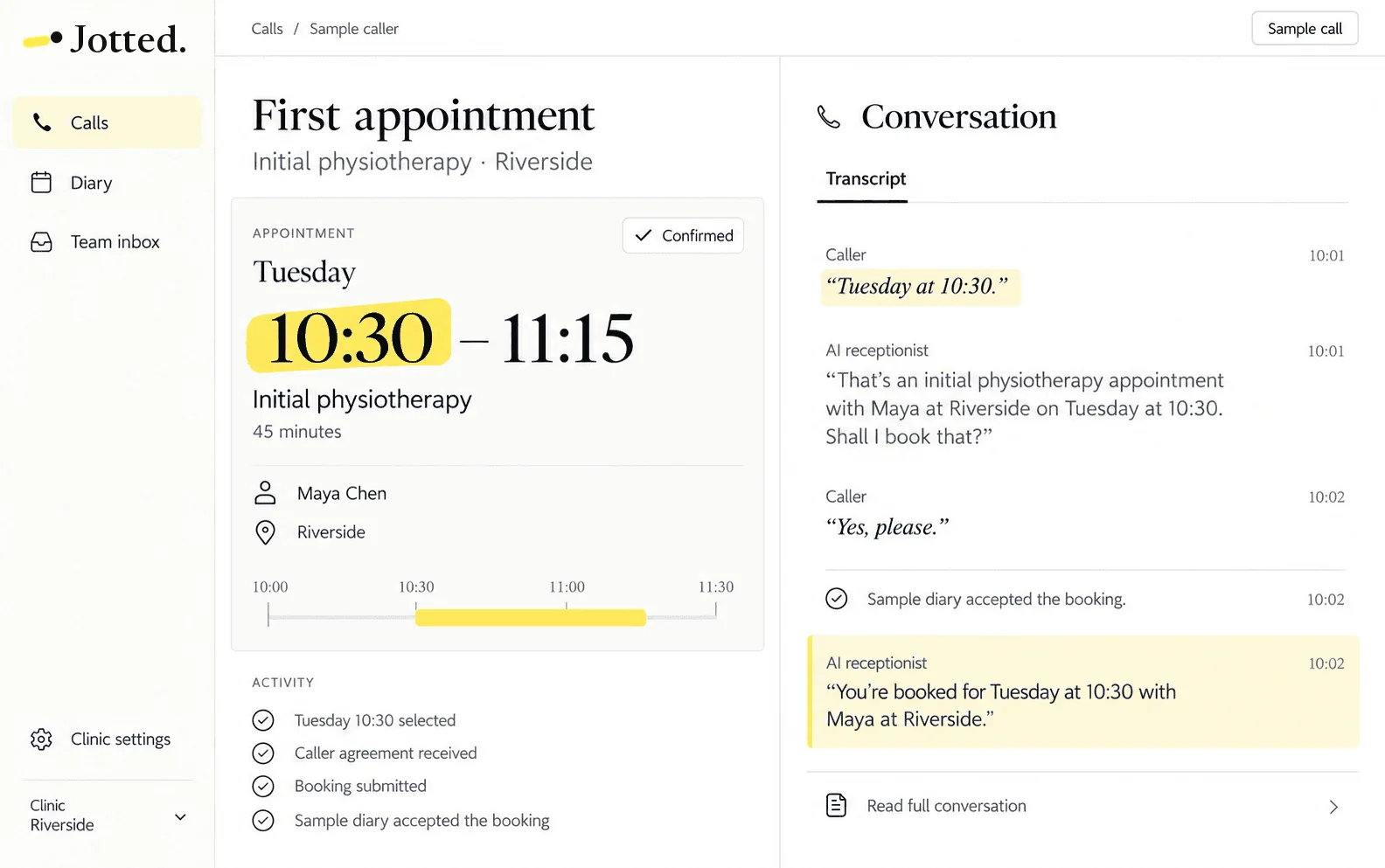Booked: a sample Jotted screen with the confirmed appointment and the full conversation