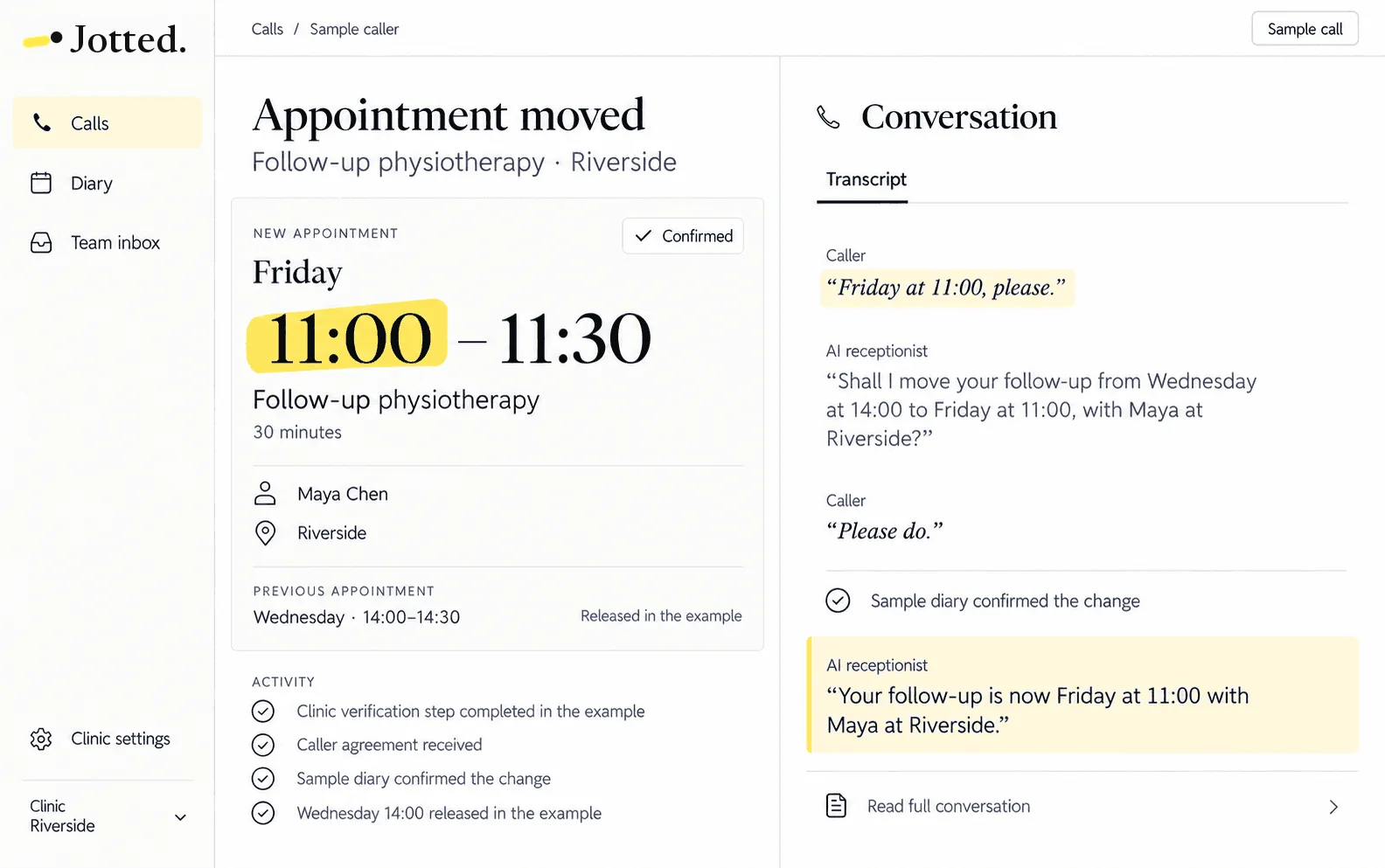 Confirms the details: a sample Jotted screen reading the appointment back to the caller
