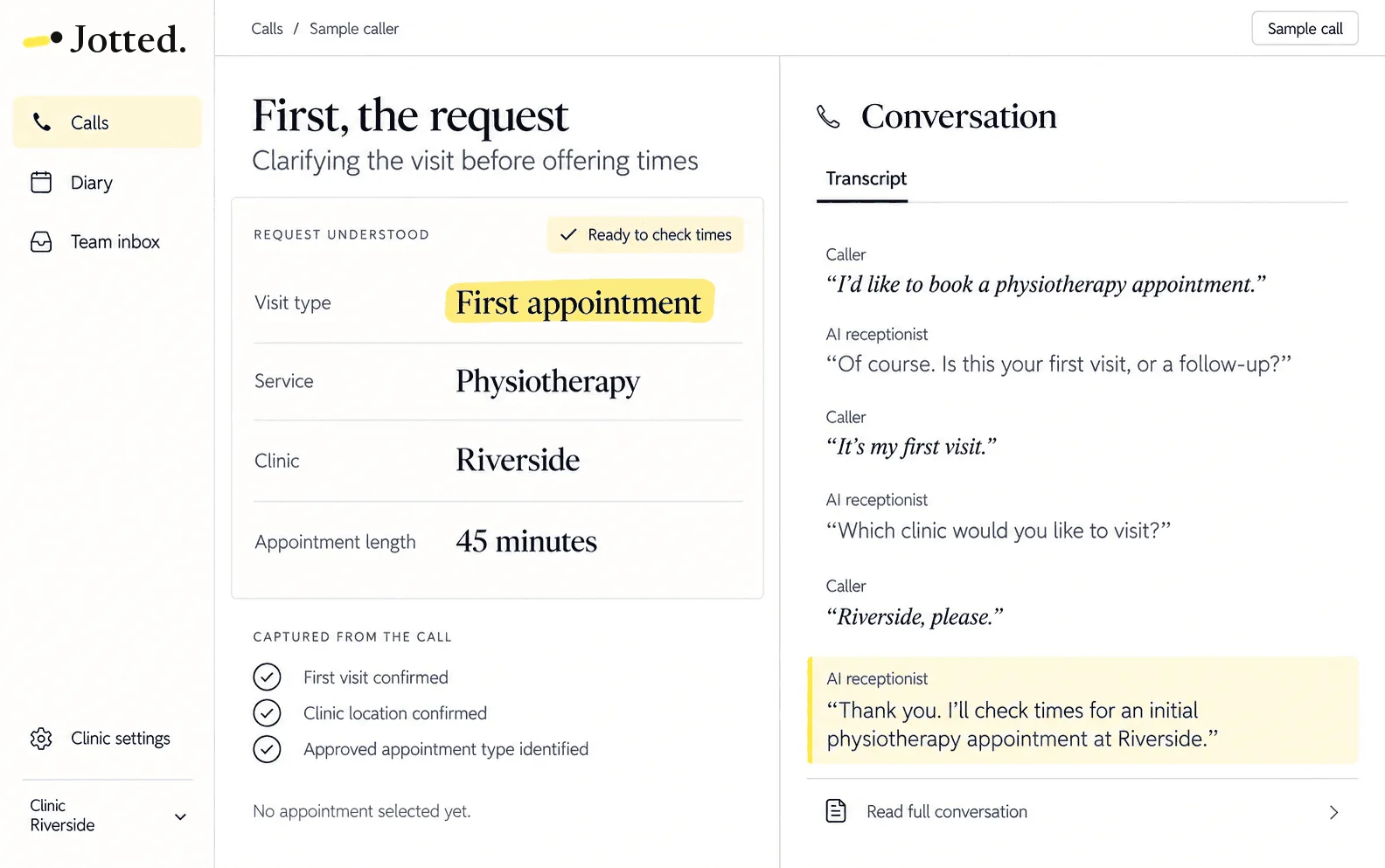 Jotted identifies a first physiotherapy appointment at Riverside from the call transcript