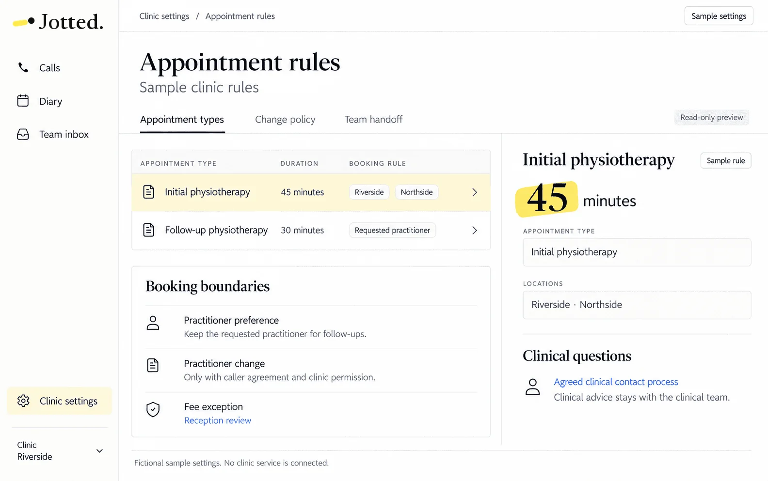 A sample Jotted screen with the clinic’s appointment rules: types, lengths and booking boundaries