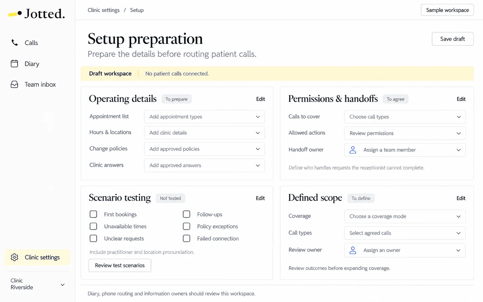 A sample Jotted setup screen with operating details, permissions and test scenarios