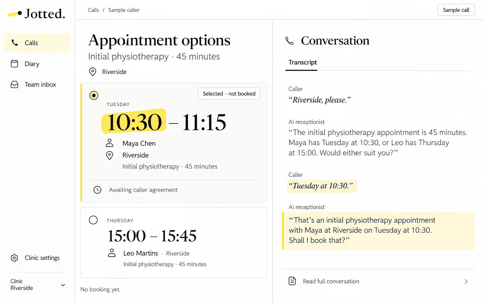 Offers approved times: a sample Jotted screen with two appointment options and the conversation