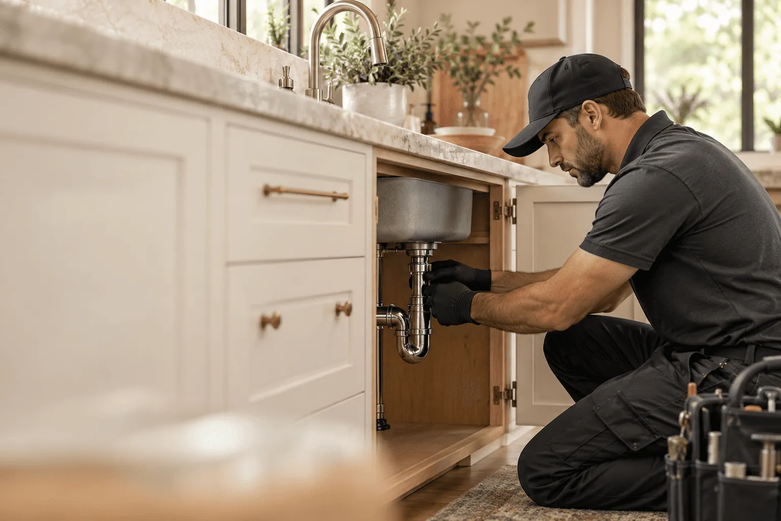 A plumber in a cap and gloves fixing the pipes under a kitchen sink