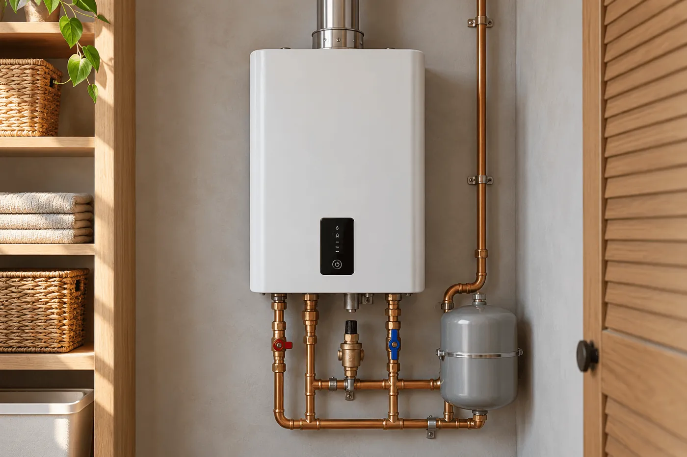 A wall-mounted tankless water heater with copper pipes in a utility closet