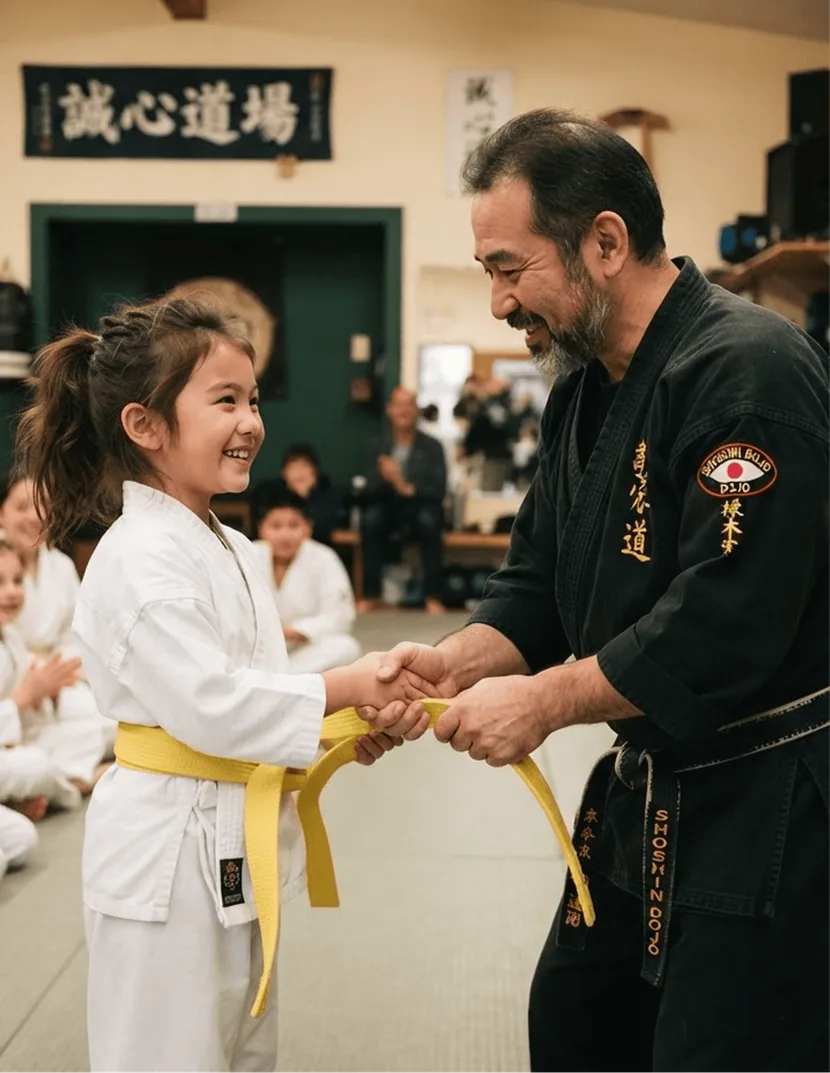 A sensei tying a new yellow belt on a young student