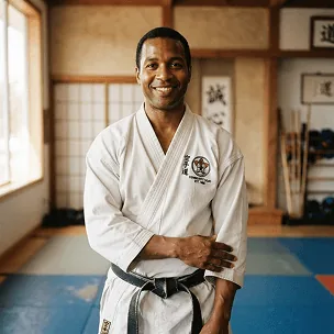 Coach Andre Lewis in a white gi and black belt