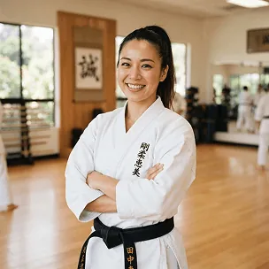 A coach in a white gi smiling with her arms crossed