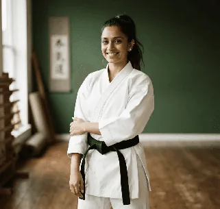 Coach Maya Patel in a white gi and black belt
