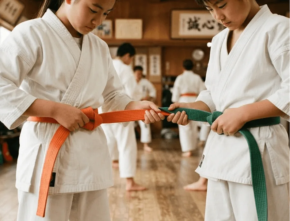 Two students in white gis with orange and green belts