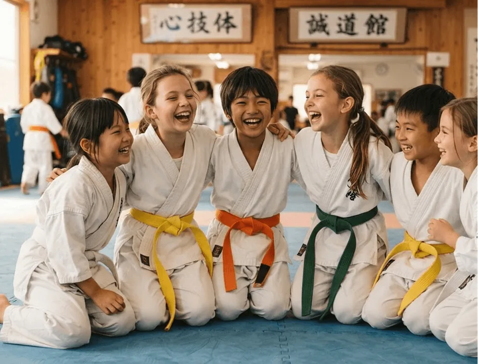 A group of young students laughing together on the mats
