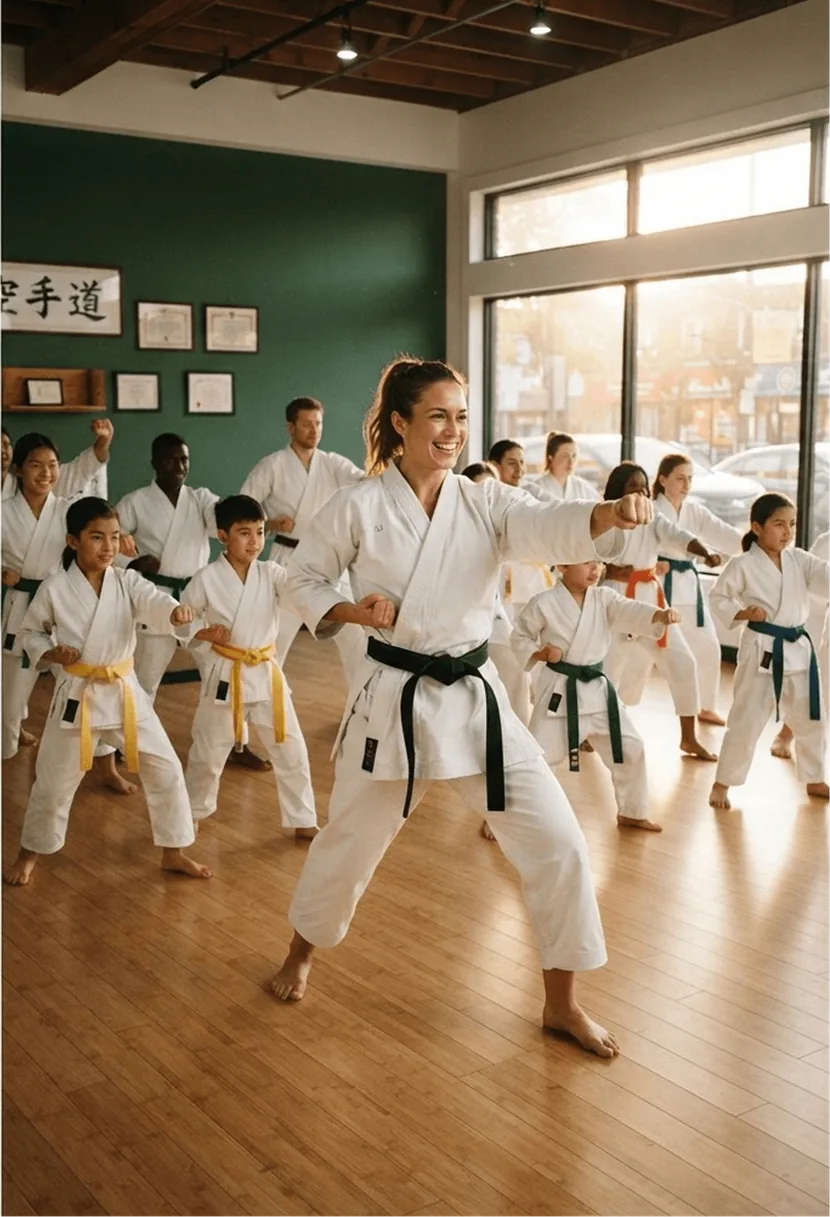 Students in white gis practising together in a bright dojo
