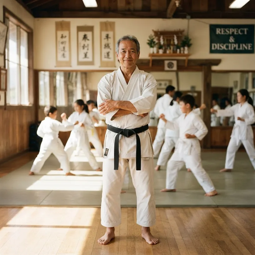 Sensei Kenji Sato standing in the dojo with students behind him