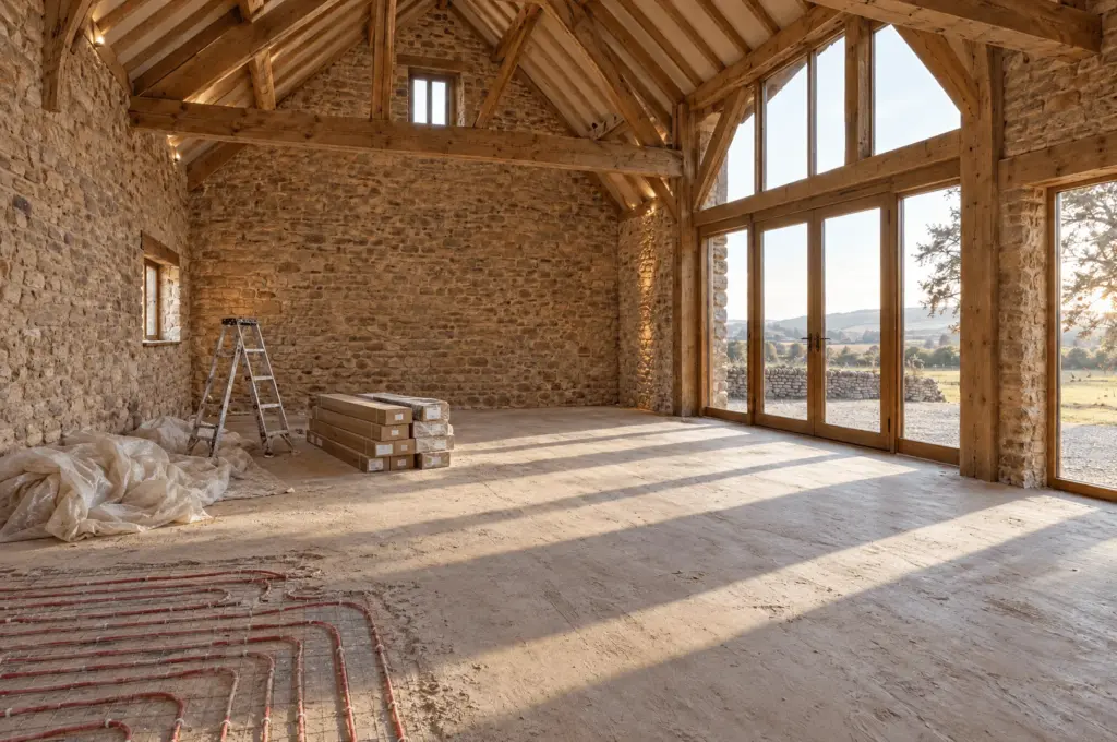Bare screed floor over underfloor heating in the Kettle End barn