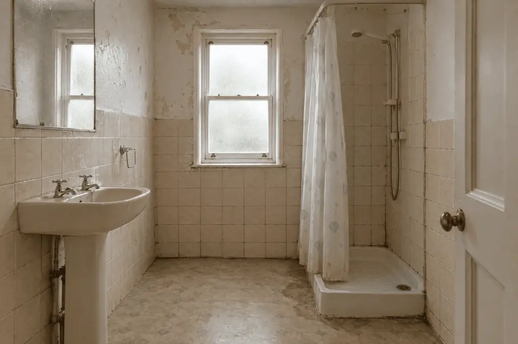 Bathroom on Station Road before the refit, with a shower tray and worn tiles