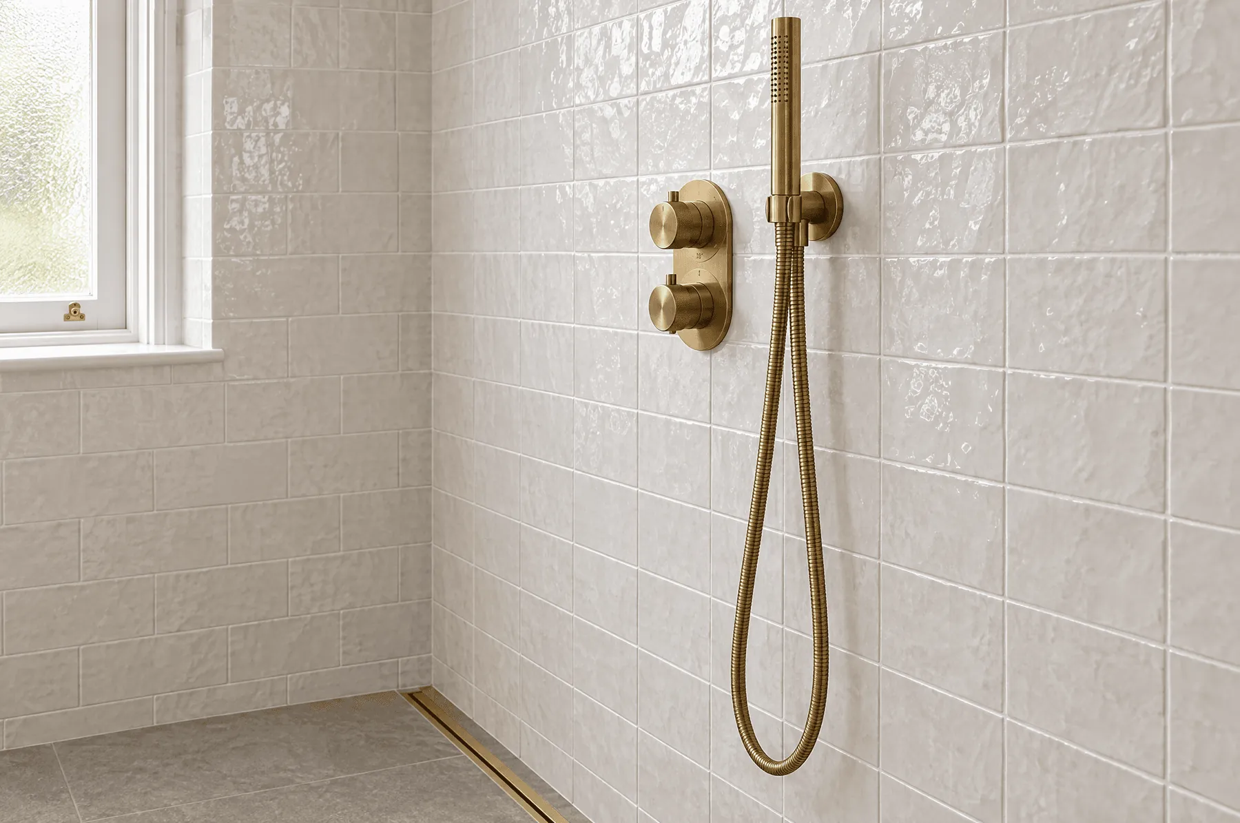Brass shower valve on handmade tiles in the Station Road wet room
