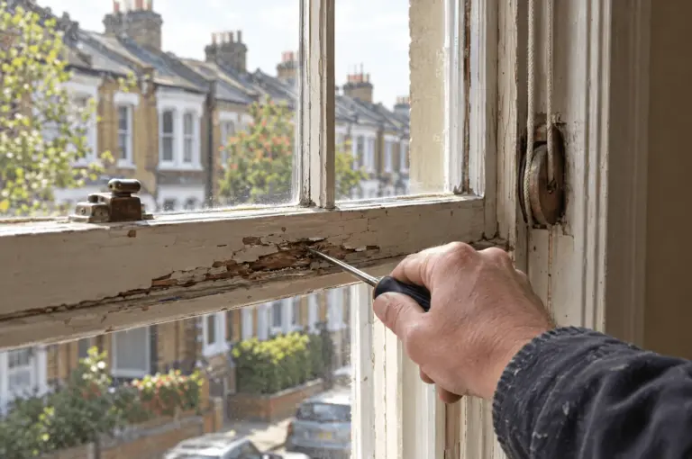 Checking the timber of an old sash window rail with a screwdriver