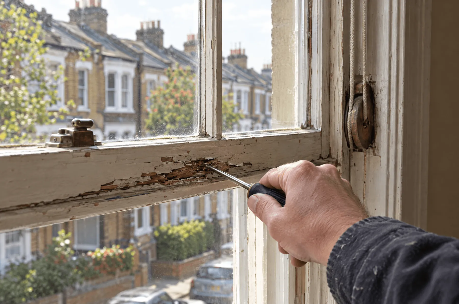 Checking the timber of an old sash window rail with a screwdriver