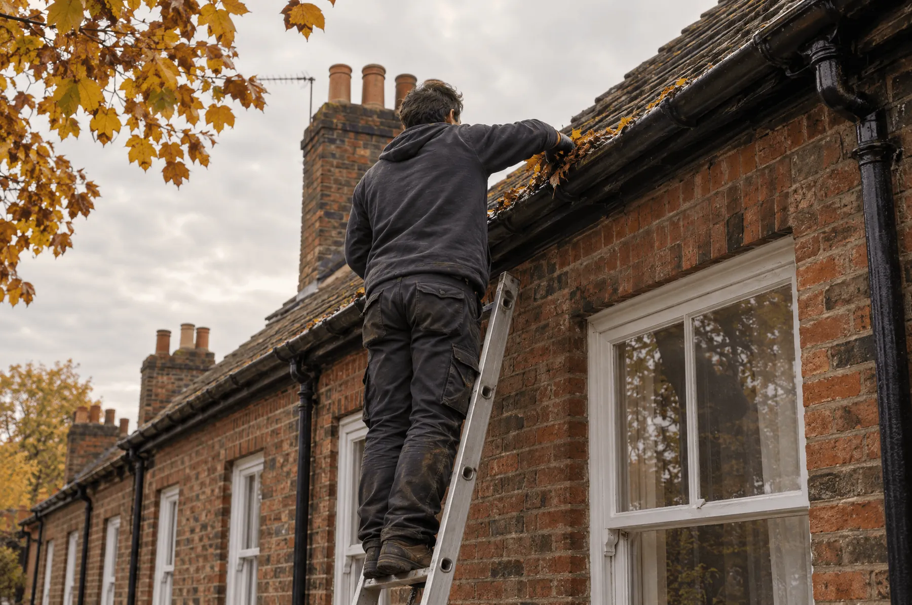 Clearing autumn leaves from the gutter of a brick terraced house