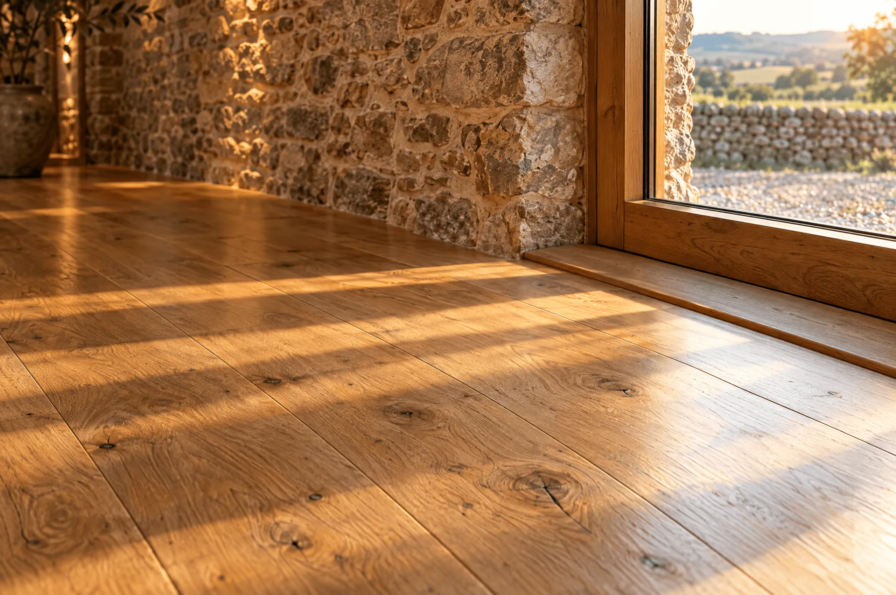 Close view of oak boards meeting the stone wall in the Kettle End barn