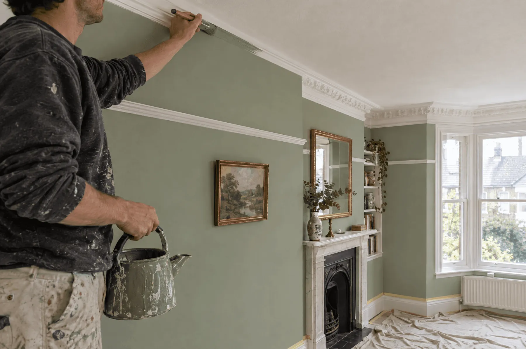 Decorator cutting in sage green paint below the cornice of a Victorian front room