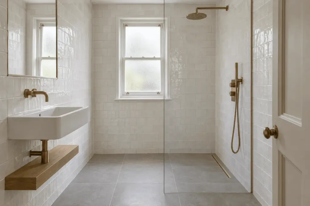 Finished walk-in wet room on Station Road with tiles to the ceiling