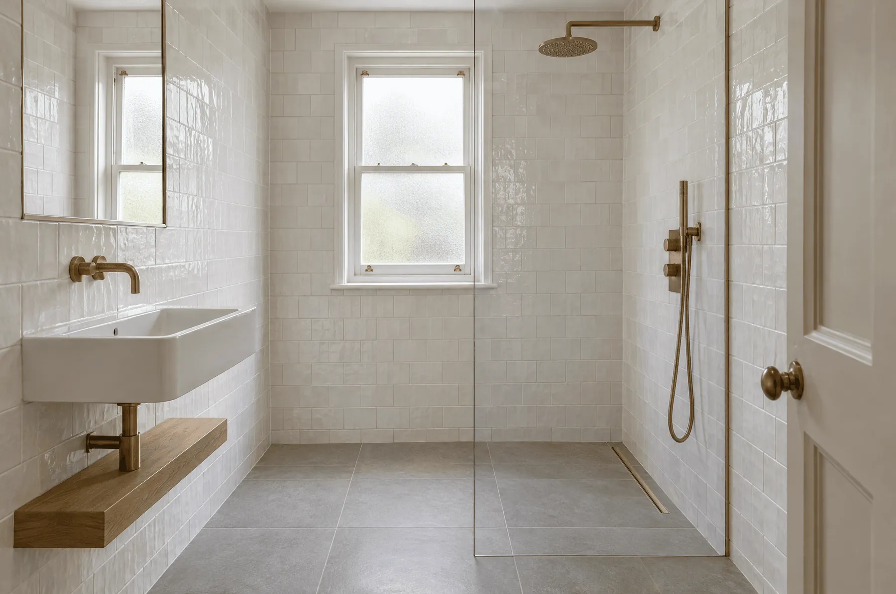 Finished walk-in wet room on Station Road with tiles to the ceiling