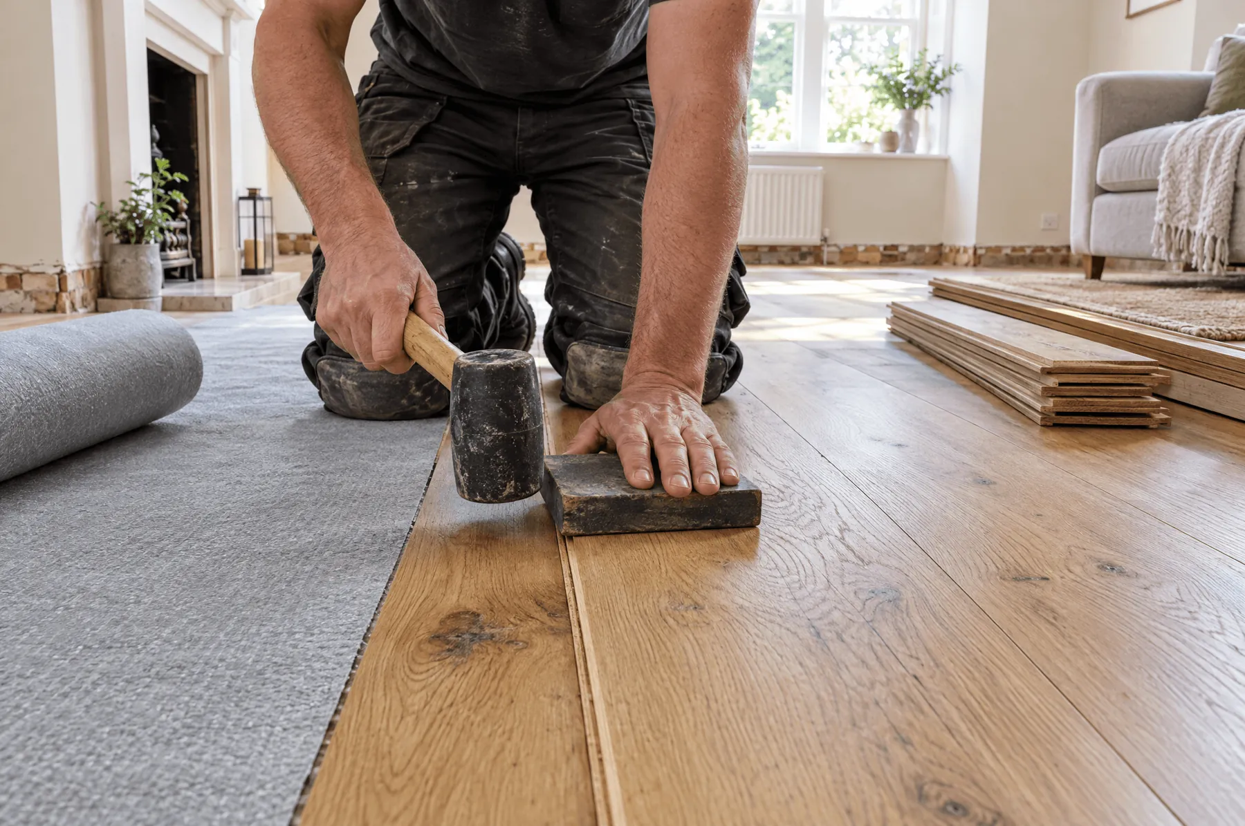 Floor fitter tapping a wide oak board into place in a living room