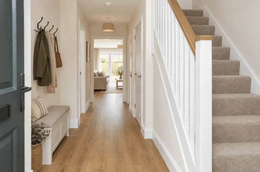 Freshly painted hallway and stairs in a Westcombe new-build