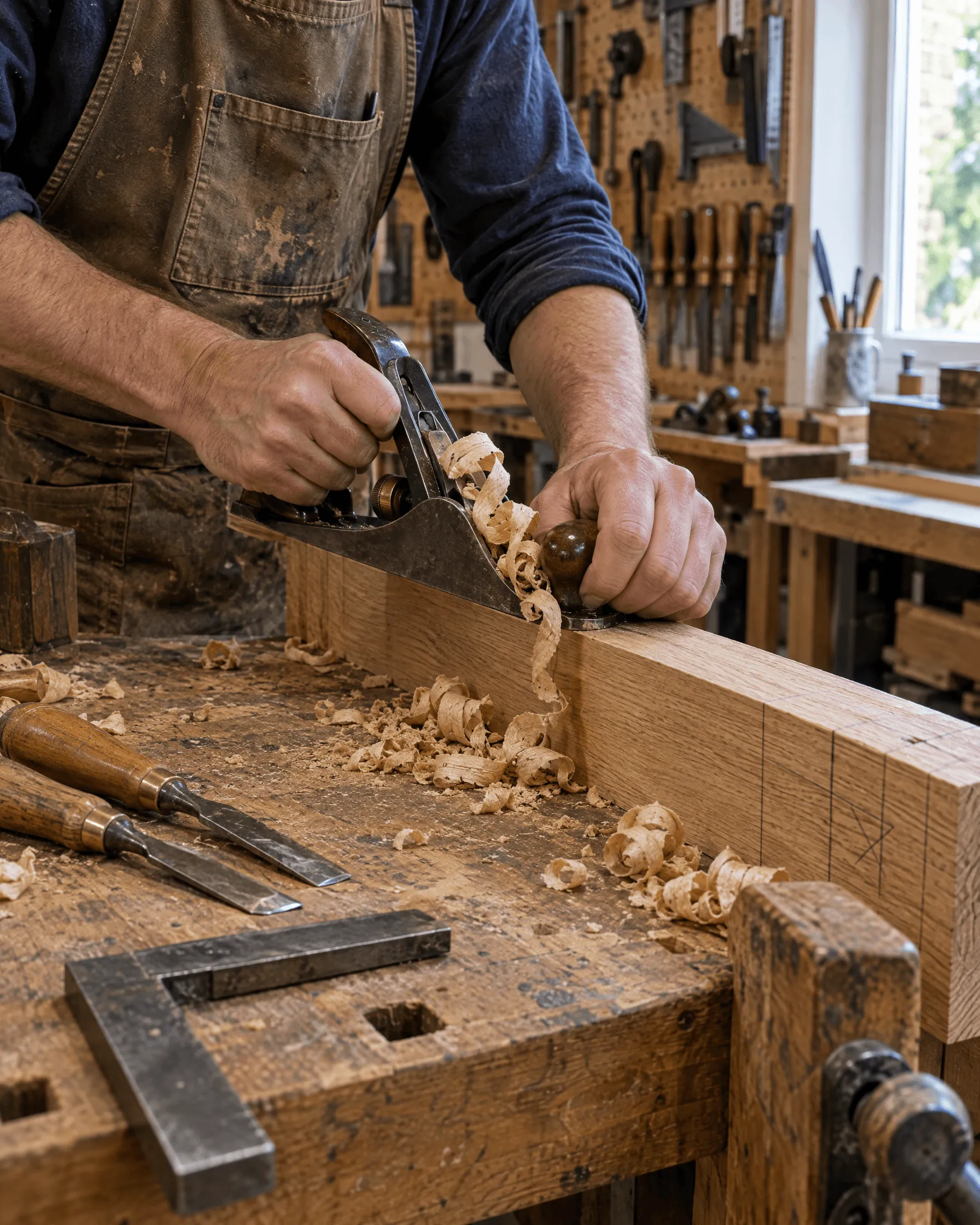 Joiner planing an oak board at the workbench in the Larchmere workshop in Marrow Hill