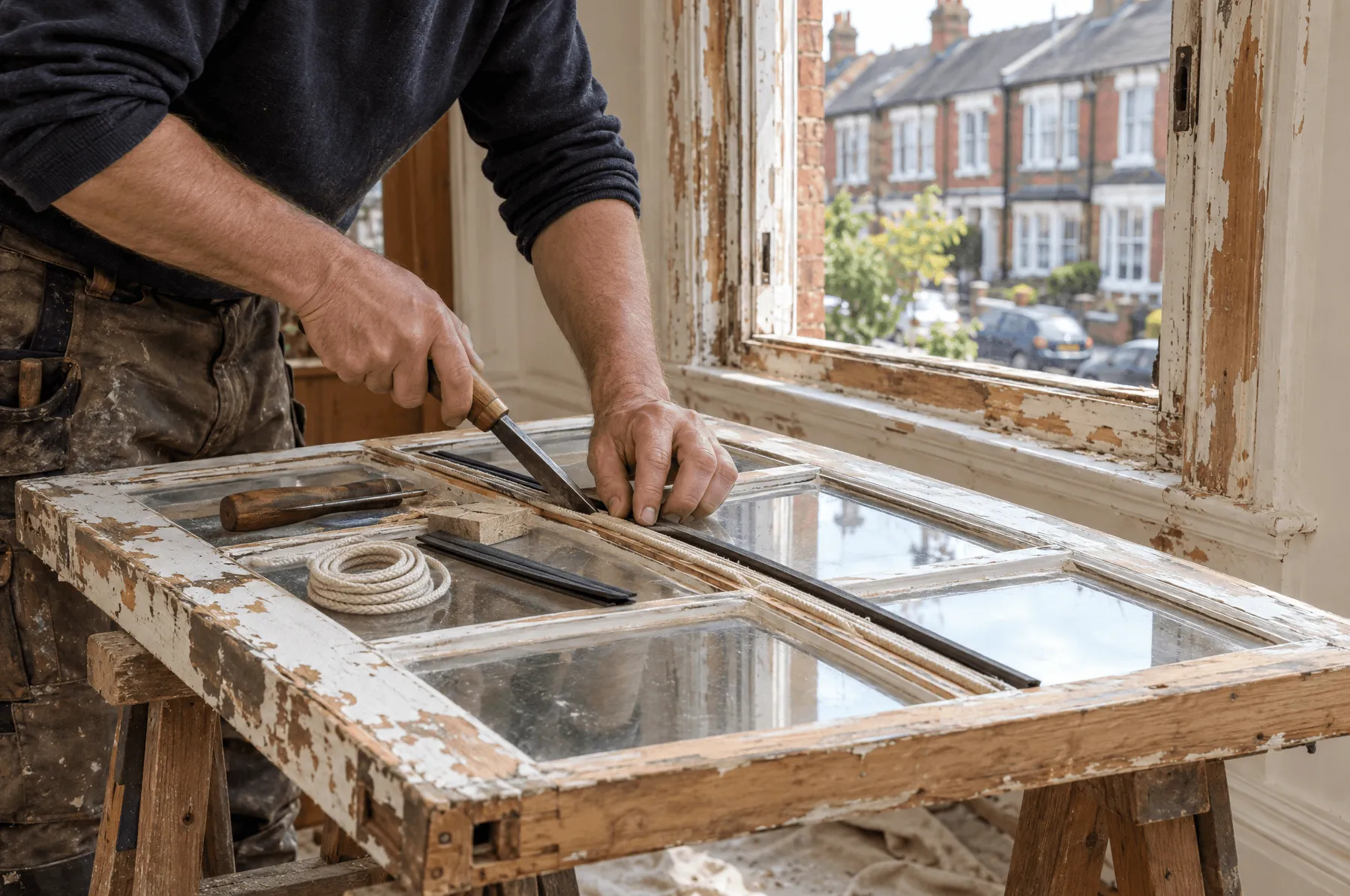 Joiner restoring a Victorian sash window on trestles beside the open frame