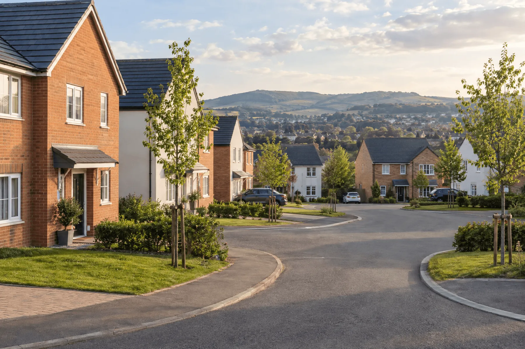 New-build houses on a cul-de-sac in Westcombe