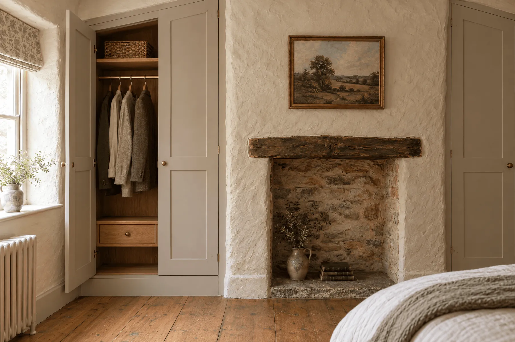 Open alcove wardrobe with rail and drawer in Ashby Cross