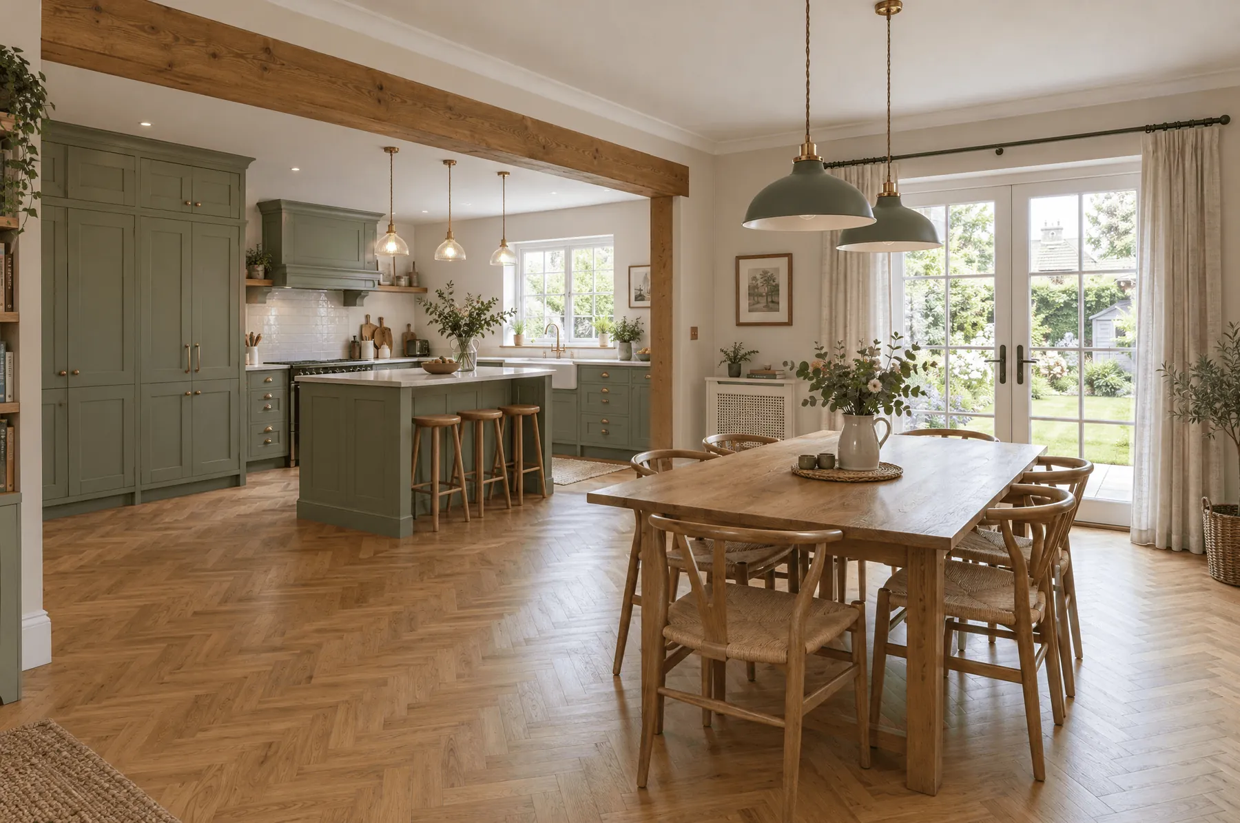 Open kitchen and dining room with oak floor in Hollins Vale