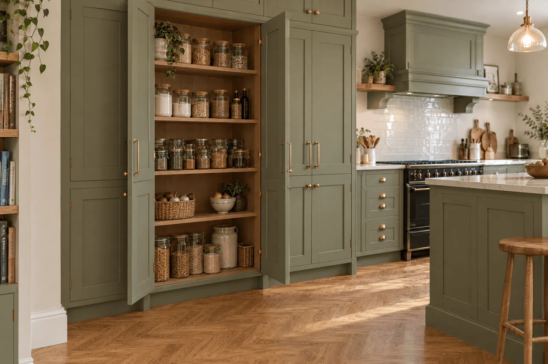 Pantry cupboard wall with open shelves in the Hollins Vale kitchen