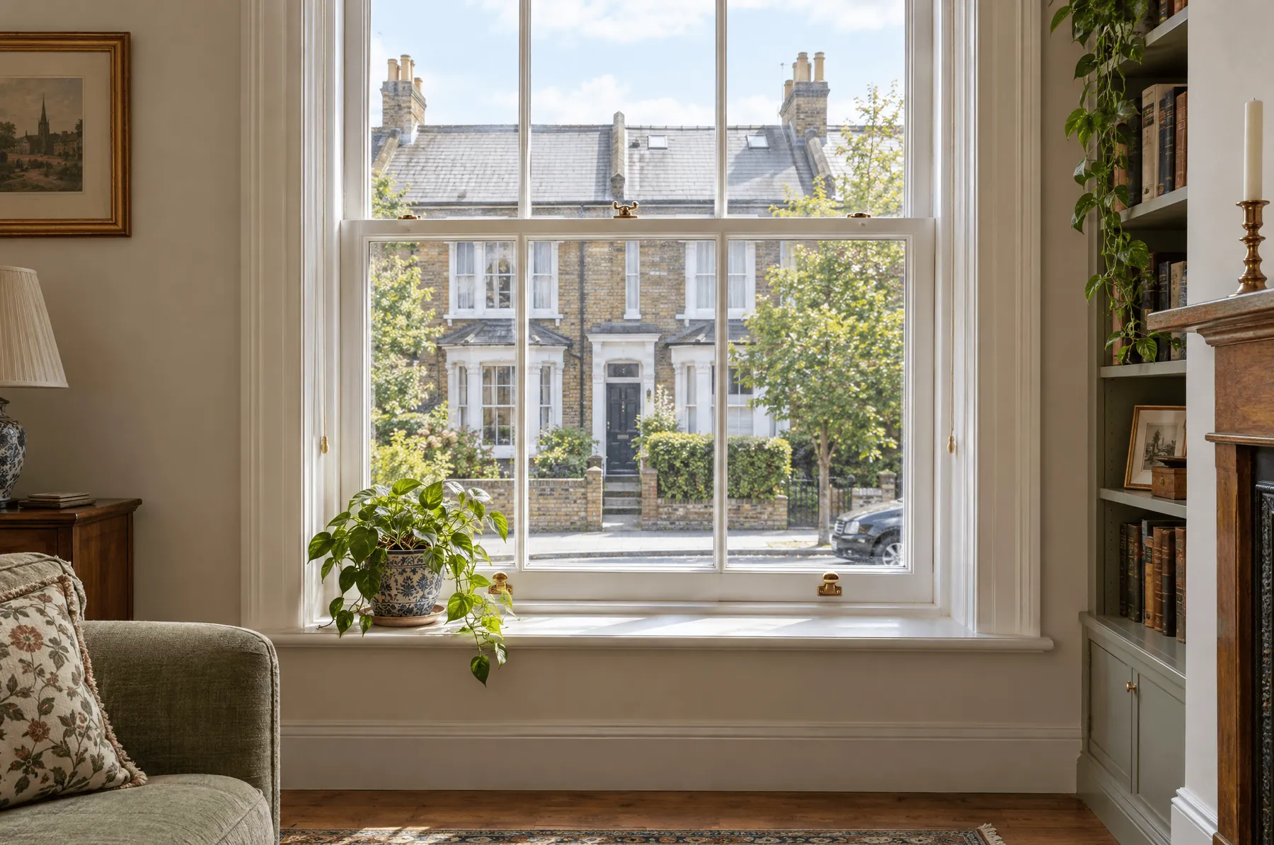 Restored sash window on Mill Street with fresh paint and new cords