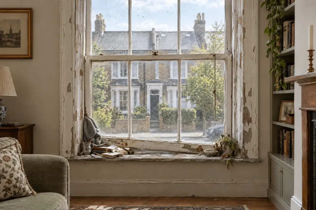 Sash window on Mill Street before repair, with flaking paint and a broken cord
