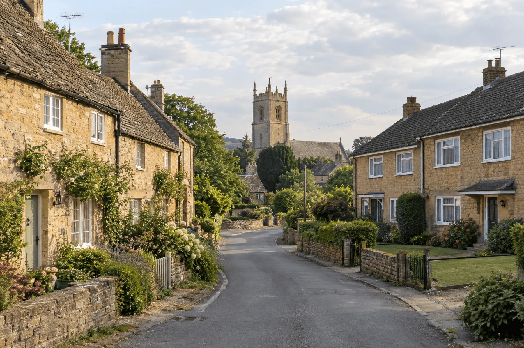 Stone cottages and post-war semis on a lane in Ashby Cross