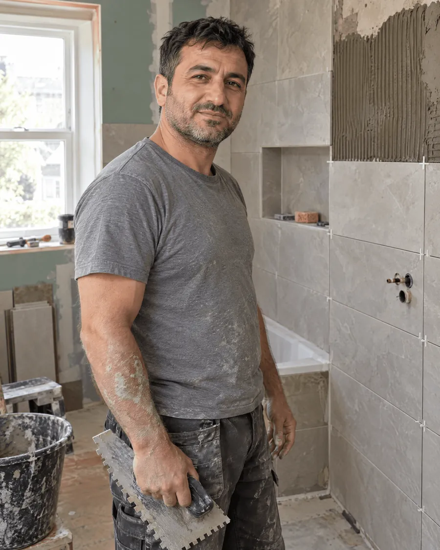 Kemal Aydin, tiling lead, holding a trowel in a half-tiled bathroom