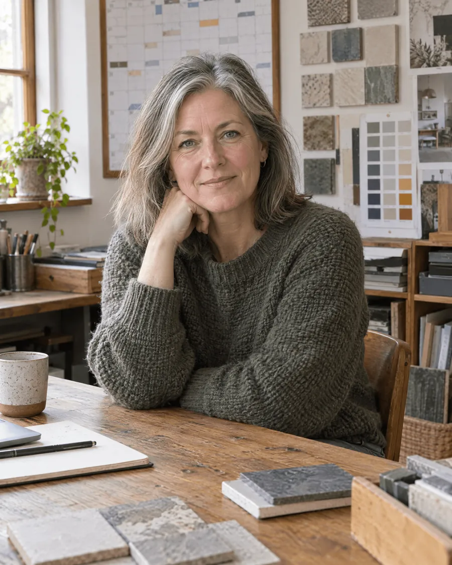 Ruth Larchmere at her desk in the workshop office with tile samples and paint charts