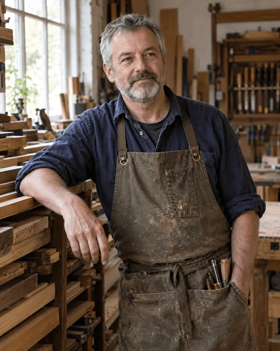 Tom Larchmere, master joiner, standing by the timber rack in the workshop