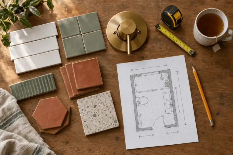 Tile samples, a brass shower valve and a bathroom plan on a workbench