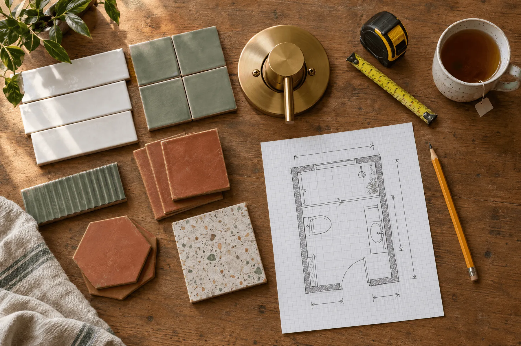 Tile samples, a brass shower valve and a bathroom plan on a workbench