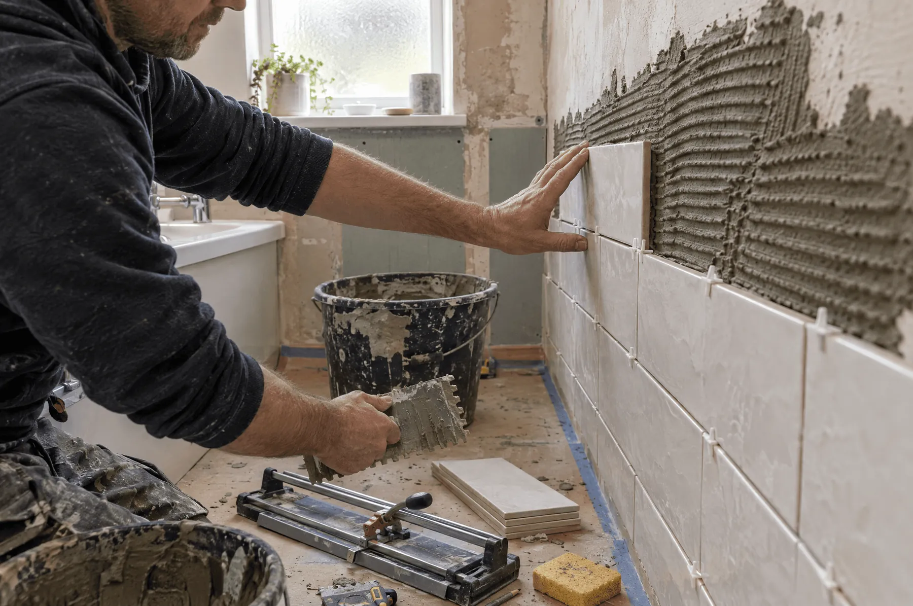 Tiler setting white wall tiles in adhesive in a terraced house bathroom