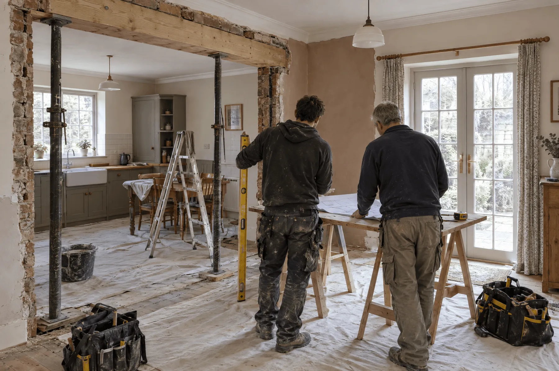 Two tradespeople checking plans beside a new opening between kitchen and dining room