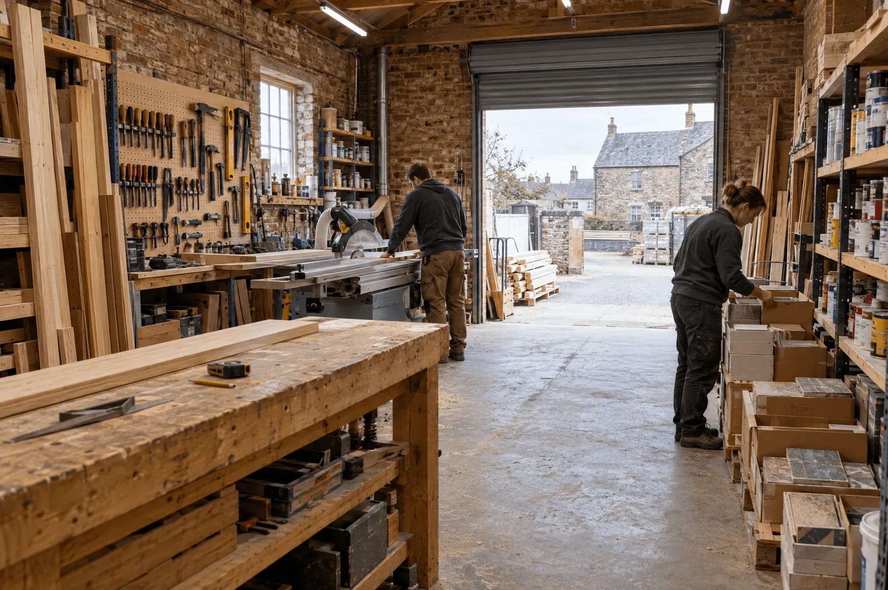 Two tradespeople cutting timber and sorting tiles in the Mill Lane Yard workshop